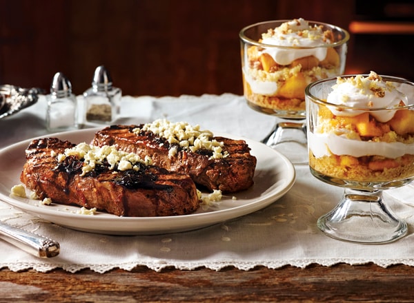 Steaks with Shallot Sauce and Peach Crumb Cake Parfaits