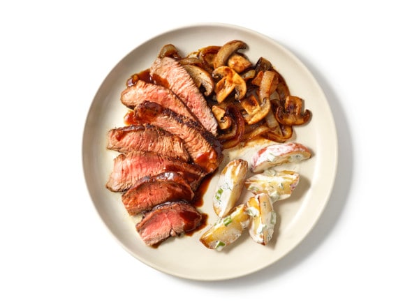 Barbecue Steaks and Mushrooms with Warm Horseradish Potatoes