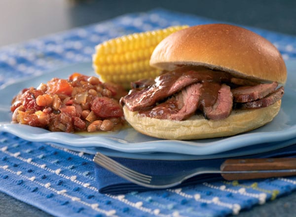 Flank Steak with Raspberry-Chipotle Sauce and Tomato Bean Bake