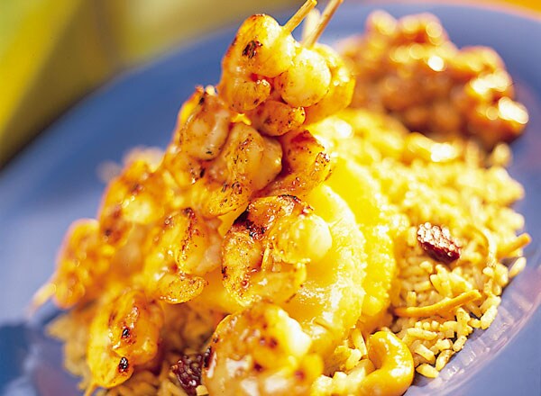 Barbecue Shrimp Skewers and Coconut-Cashew Rice Salad