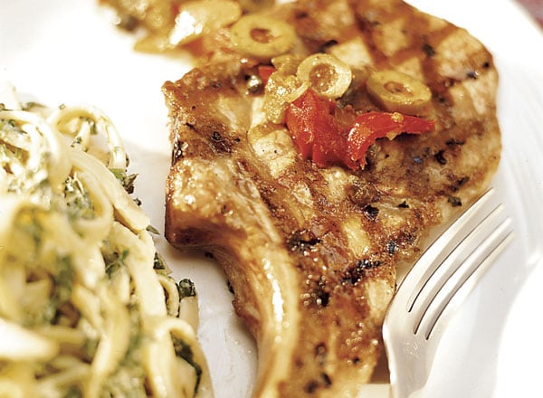Mediterranean-Style Pork Chops with Florentine Alfredo Pasta