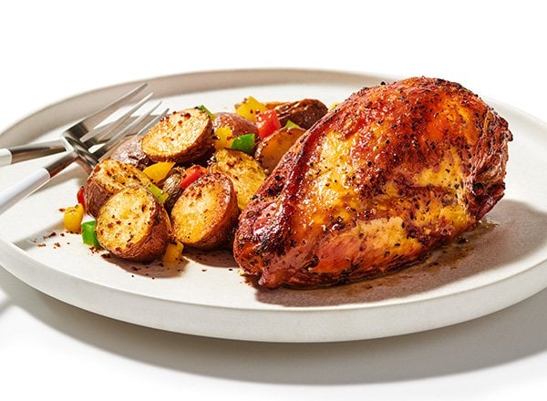 Achiote-Marinated Chicken with Roasted Potatoes and Peppers