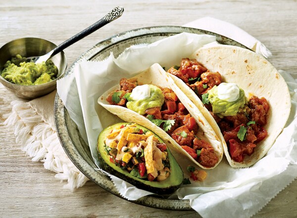 Skillet Pork with Red Chile Sauce and Tomato-Avocado Bowls