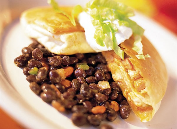 Buffalo-Style Chicken Chimichangas with Zesty Black Beans
