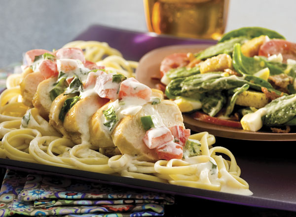 Chicken with Creamy Bruschetta Pasta and Classic Spinach Salad