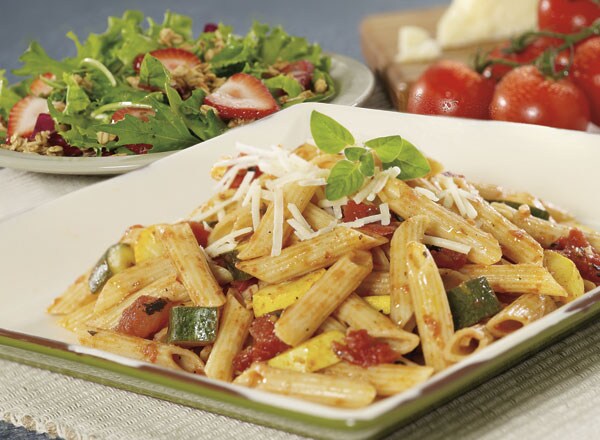 Penne Pasta Sauté and Baby Salad Greens with Strawberries