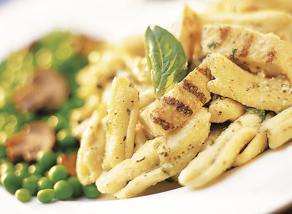 Chicken Pesto Pasta with Peas and Baby Portabellas