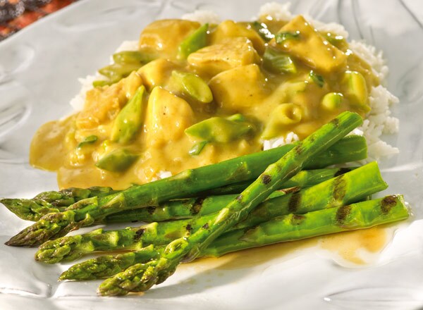 Chicken Curry with Grilled Asparagus with Caramel Vinaigrette