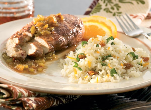 Chicken With Cinnamon and Celery and Basil-Orange Rice