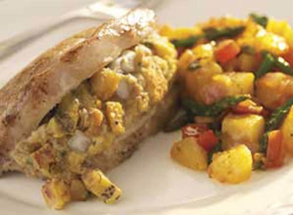 Plantain-Stuffed Pork Chops with Sofrito Potatoes and Asparagus