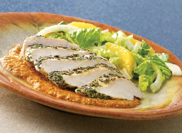 Herb Chicken with Red Pepper Coulis and Orange Fennel Salad