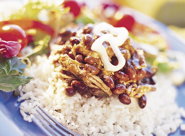 Roast Pork and Black Beans on Rice with Zesty Herb Salad