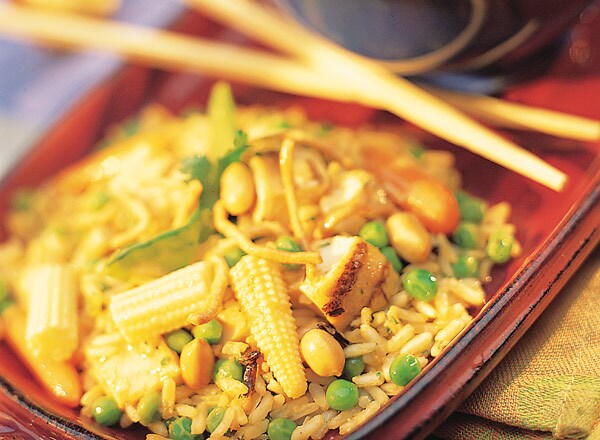 Spicy Peanut Chicken and Rice with Pineapple-Ginger Slaw