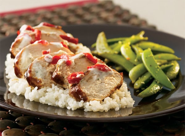 Hoisin Chicken Over Sticky Rice with Glazed Sugar Snap Peas