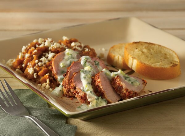 Roasted Pork and Cilantro Cream with Sweet and Spicy Mash