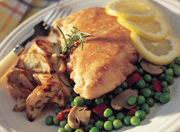 Grouper Fran&#231;aise, Seasoned Oven Browns, and Peas with Mushrooms