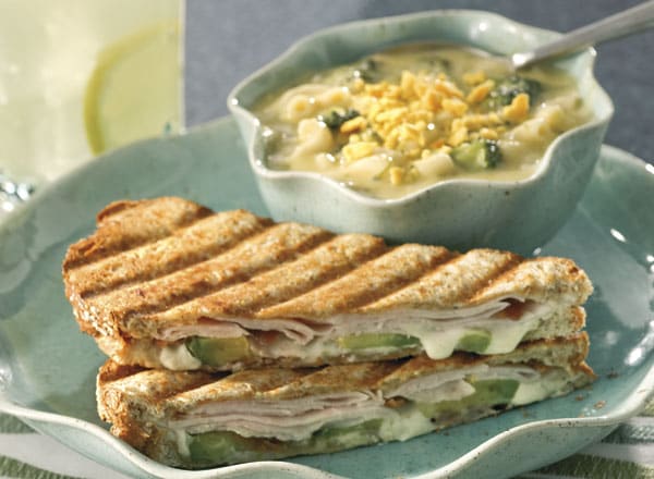 Turkey Avocado Panini and Broccoli Cheese Soup With Pasta