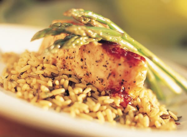 Salmon and Raspberry Glaze on Wild Rice with Fresh Asparagus