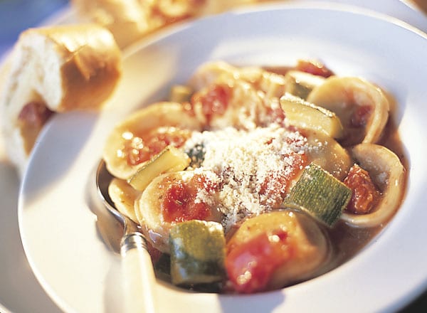 Tomato-Cheese Ravioli Soup with Stuffed Baguette