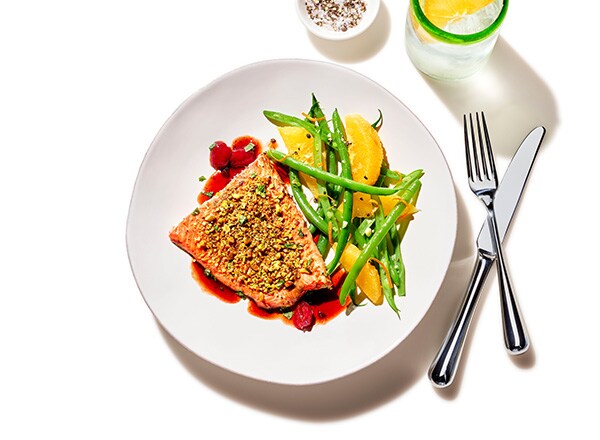 Pistachio-Crusted Salmon in Cherry Sauce with Orange Green Beans