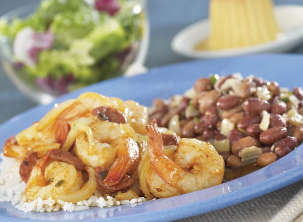 Shrimp and Chorizo Saut&#233; with Mixed Red Beans