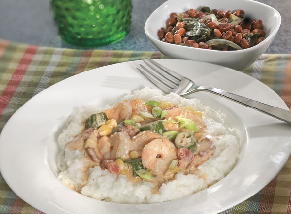 Shrimp 'n Grits With Peas and Greens