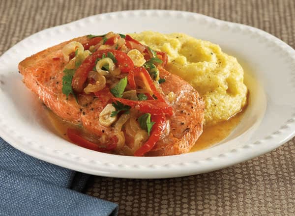 Salmon with Tomato-Onion Relish over Creamy Polenta
