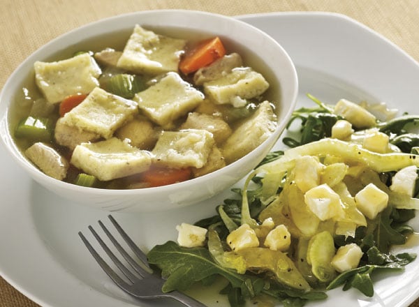 Gluten-Free Chicken and Dumpling Soup with Fennel-Honey Salad