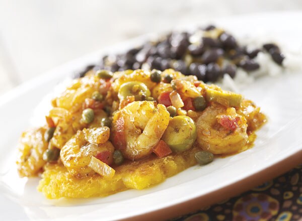 Shrimp and Olives over Tostones