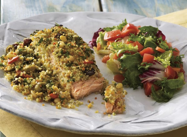 Couscous-Crusted Mediterranean-Style Salmon with Italian-Blend Salad