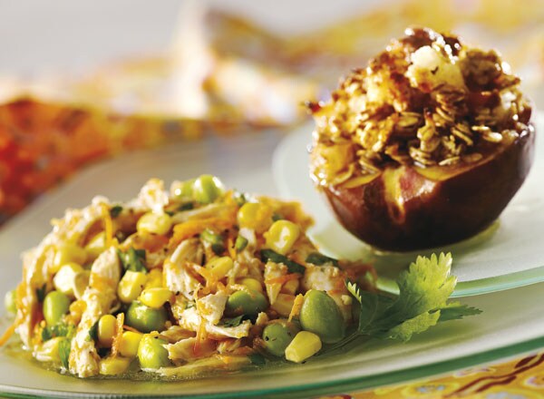 Asian-Style Chicken Succotash with Baked Peaches Macaroon