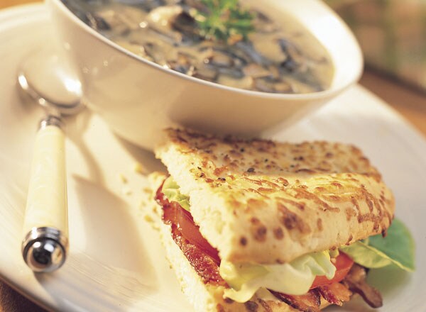 Mushroom Soup with Focaccia BLT