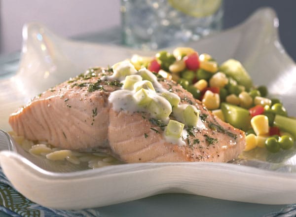 Poached Salmon with Cucumber Dill Sauce and White Corn Salad
