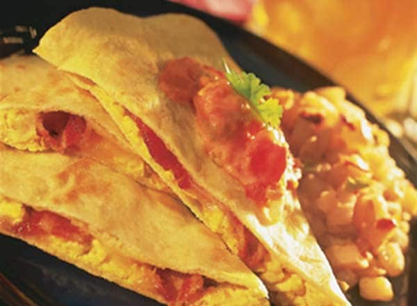 Breakfast Quesadillas, Creamy Salsa and Seasoned Hash Browns