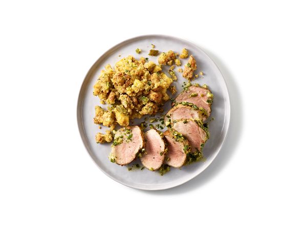 Pork with Olive Chive Butter and Chorizo Plantain Stuffing