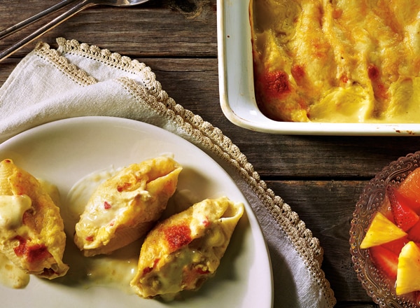 Green Enchilada-Style Chicken-Stuffed Shells with Pi&#241;a Colada Fruit