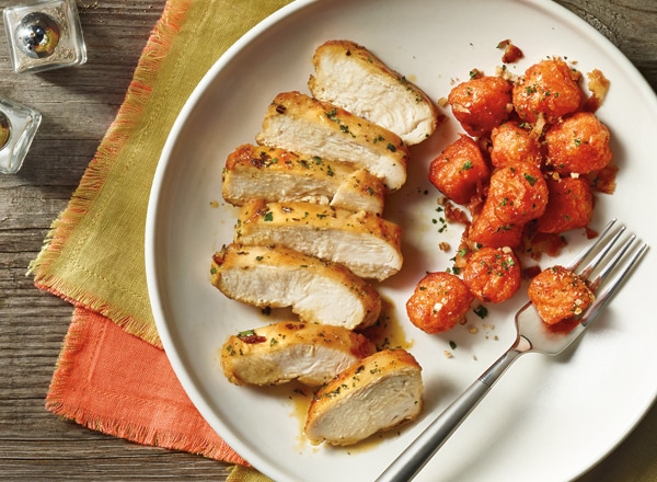 Rosemary Orange Chicken with Glazed Sweet Potato Puffs