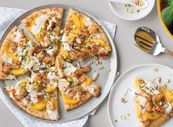 Chicken, Peach, and Pistachio Pizza