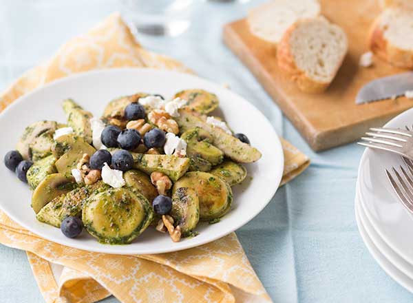 Chicken Pesto Ravioli with Blueberries and Goat Cheese