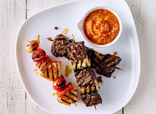 Spicy Beef and Zucchini Skewers with Pineapple Romesco