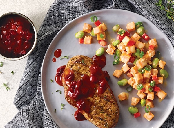 Thyme Pork with Cherry Sauce and Sweet Potato-Edamame Salad