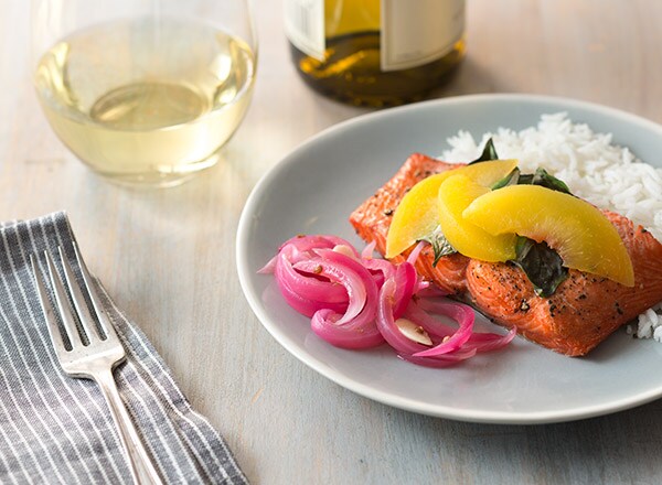 Salmon with Basil, Peaches, and Pickled Onions