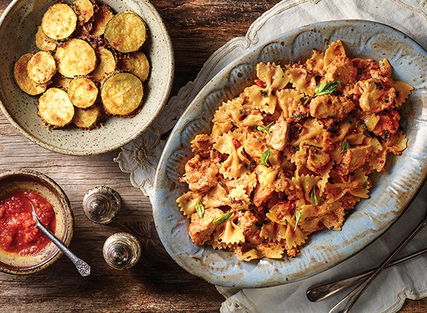 Chicken and Sun-Dried Tomato Pasta with Crispy Baked Zucchini