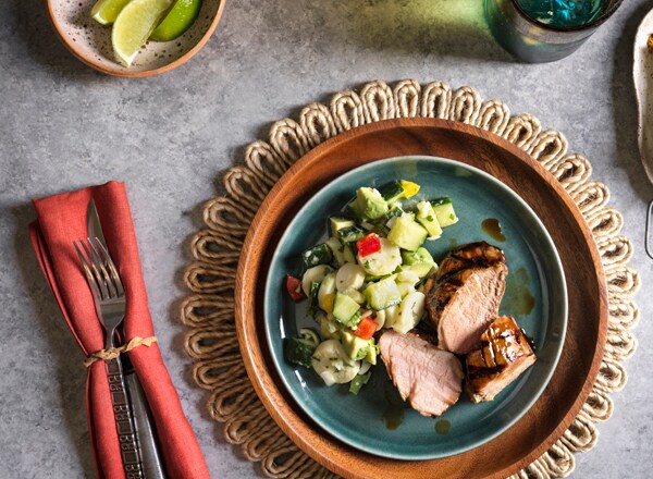 Coffee-Glazed Pork with Palm and Cucumber Ceviche