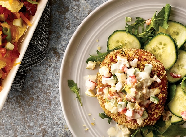 Baked Crab Cakes and Remoulade with Pickle Chips