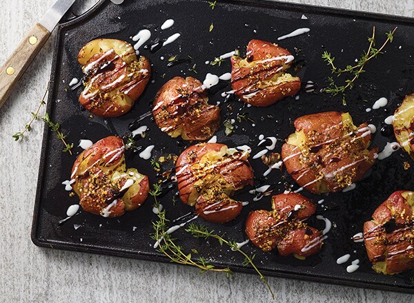 Smashed Thyme Potatoes with Balsamic Aioli