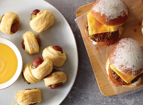 Buffalo Ring Sliders and Pigtail Puffs with Queso Dip