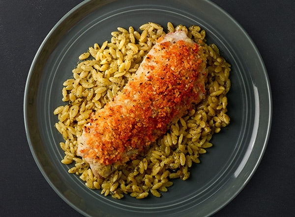 Parmesan Ocean Perch over Pesto Orzo