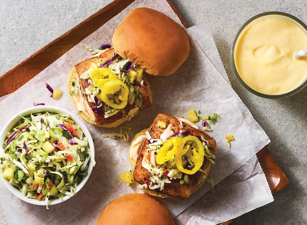 Fish Sliders and Pineapple Slaw with Mango Lassi