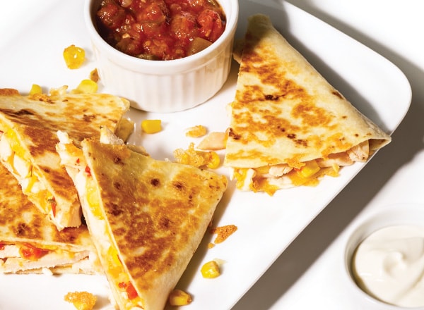 Chili-Lime Chicken and Corn Quesadilla with Salsa and Sour Cream